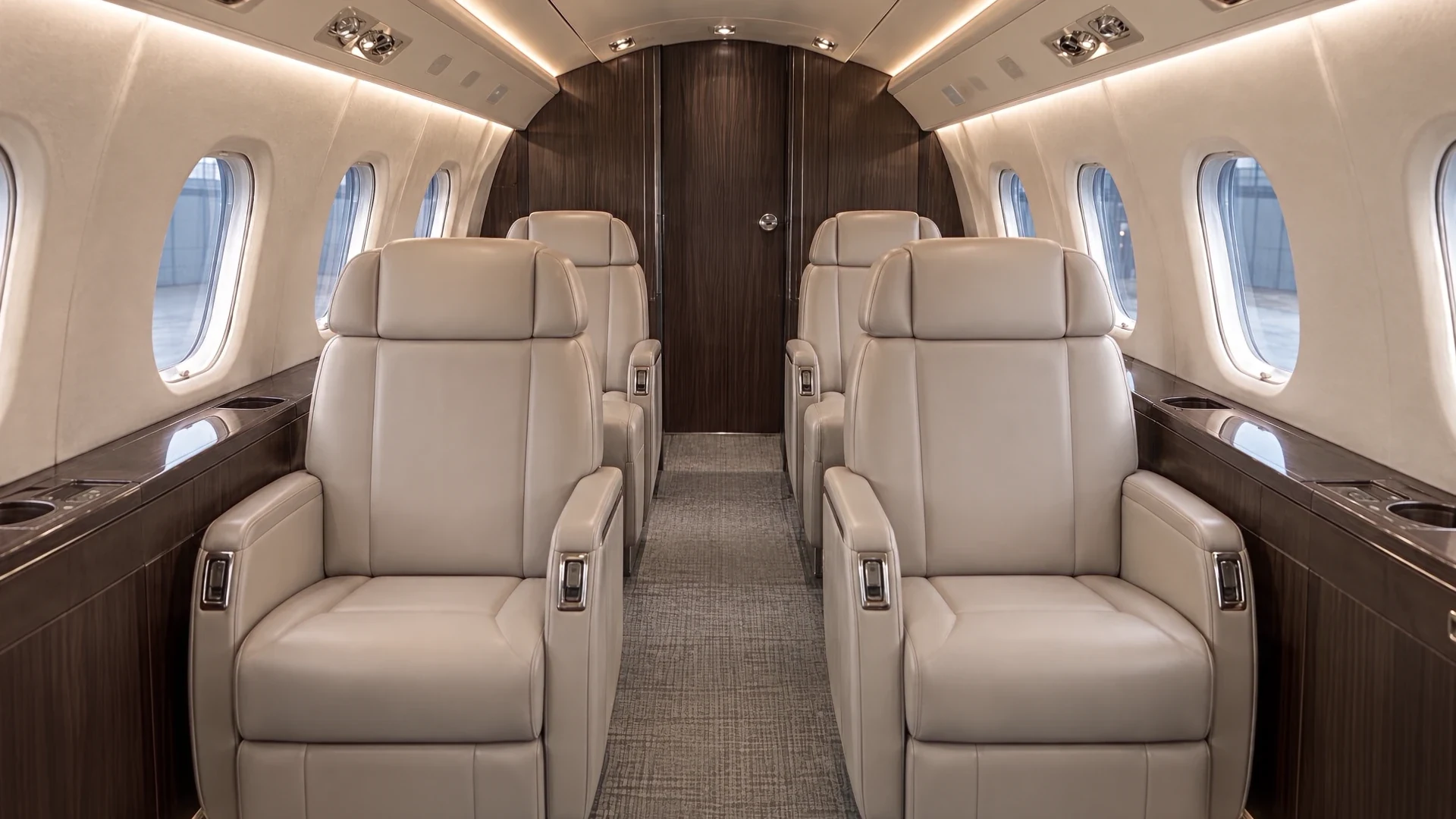 An aft-facing cabin view with the nearest seat row and the existing bulkhead ahead.